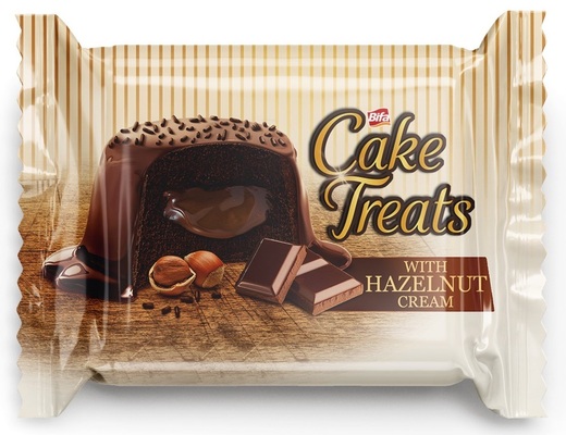 Cake treats 45g jemné kakaové pečivo plnené lieskovoorieškovým krémom v kakaovej poleve posypané kakaovými granulami