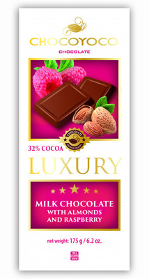 Luxury, mliečna čokoláda s kúskami mandlí a časticami malín, 175g