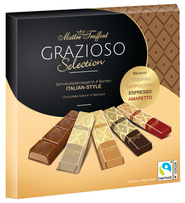GRAZIOSO SELECTION 200g, mix plnených horkých a mliečnych čokoládových tyčiniek s náplňou (45%) s rôznymi príchuťami