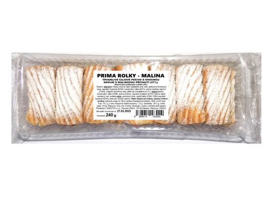 PRIMA ROLKY 240g trvanlivé čajové pečivo plnené s ovocnou náplňou s malinovou príchuťou