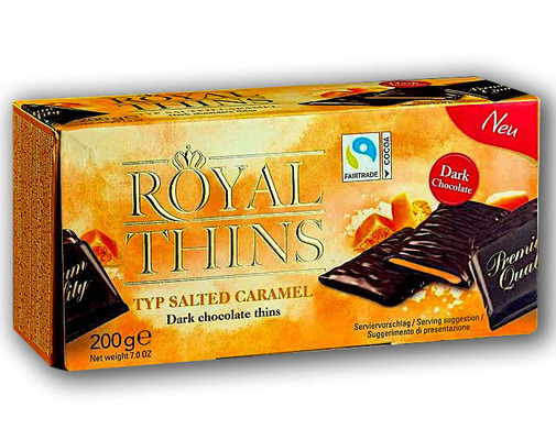Royal Thins Caramel & Sea Salt 200g horká čokoláda plnená krémovou náplňou s príchuťou karamelu a morskej soli