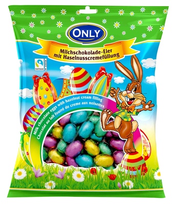 Veľkonočné vajíčka z mliečnej čokolády plnené lieskovoorieškovým krémom 400g, malé v sáčku