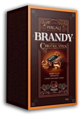 PERGALE BRANDY CHOCOLATES 190g, pralinky z horkej čokolády plnené alkoholovou náplňou s príchuťou brandy