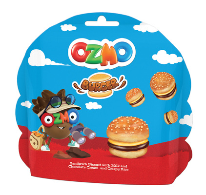 Ozmo burger 40g, sušienky plnené mliečnym a čokoládovým krémom posypané pufovanou ryžou