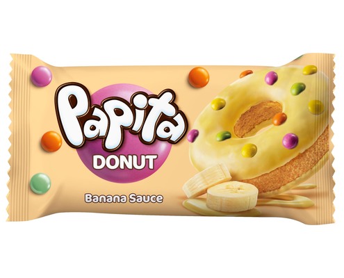 Papita donut 40g jemné pečivo s banánovým krémom so žltou cukrovou polevou zdobené farebným dražé 