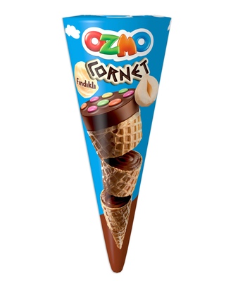 Ozmo cornet, oblátky plnené lieskovoorieškovým krémom zdobené dražovanými cukríkmi, 25g