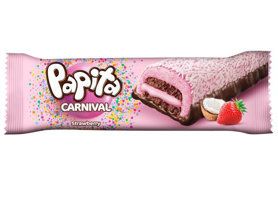 PAPITA CARNIVAL STRAWBERRY 36g jemné pečivo s krémom s jahodovou príchuťou obalené penovým želé, posypané strúhaným kokosom, polomáčané v kakaovej poleve