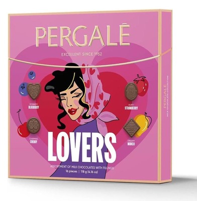 PERGALE LOVERS 118g zmes praliniek z mliečnej čokolády s jahodovou, čučoriedkovou, mangovou a čerešňovou náplňou