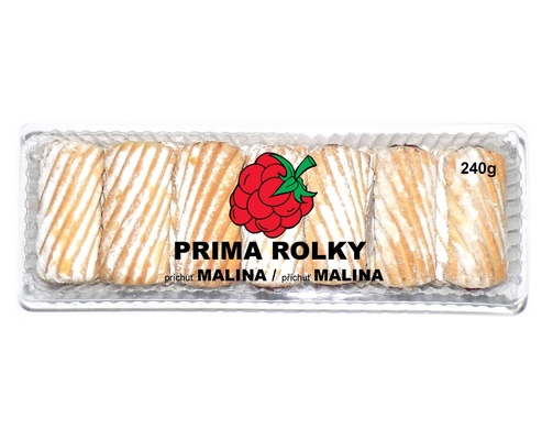 PRIMA ROLKY 240g trvanlivé čajové pečivo plnené s ovocnou náplňou s malinovou príchuťou