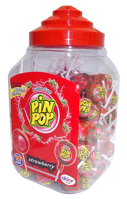 Pin pop 18g, jahodové lízanky so žuvačkou