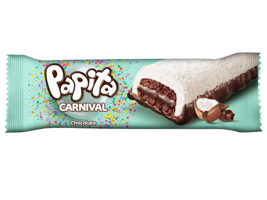 PAPITA CARNIVAL CHOCOLATE 36g jemné kakaové pečivo s čokoládovým krémom s penovým želé, posypané strúhaným kokosom, polomáčané v kakaovej poleve