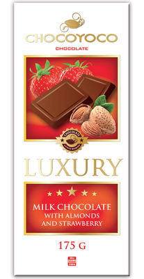 Luxury 175 g, mliečna čokoláda s mandľami a  jahodami