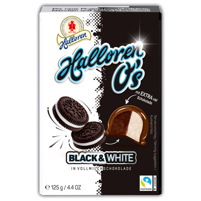 Halloren O's Black & White 125g pralinky plnené mliečnym a kakaovým krémom celomáčané v mliečnej čokoláde	