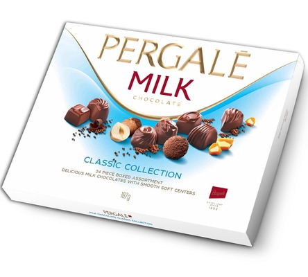 PERGALE MILK CLASSIC COLLECTION 187g, zmes praliniek z mliečnej čokolády s náplňami s rôznymi príchuťami