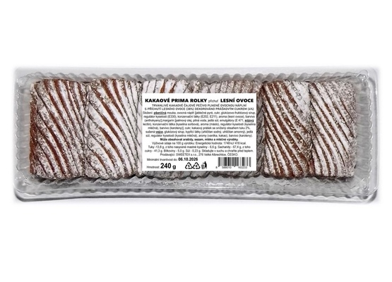 KAKAOVÉ PRIMA ROLKY 240g trvanlivé kakaové čajové pečivo plnené s ovocnou náplňou s príchuťou lesného ovocia dekorované práškovým cukrom