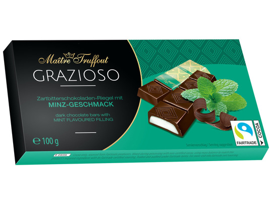 Grazioso mint 100g, Tyčinky z horkej čokolády plnené krémom s mätovou príchuťou