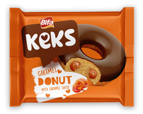 Keks donut 40g jemné pečivo s karamelovou náplňou polomáčané v kakaovej poleve