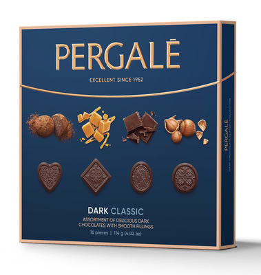 Pergale dark classic 114g, zmes praliniek z horkej čokolády s náplňami s rôznymi príchuťami