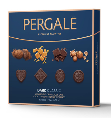 Pergale dark classic 114g, zmes praliniek z kakaovej pochúťky s náplňami s rôznymi príchuťami