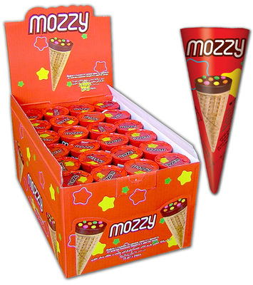 Mozzy cornet 25g, oblátka plnená kakaovým krémom, zdobená dražovanými cukríkmi