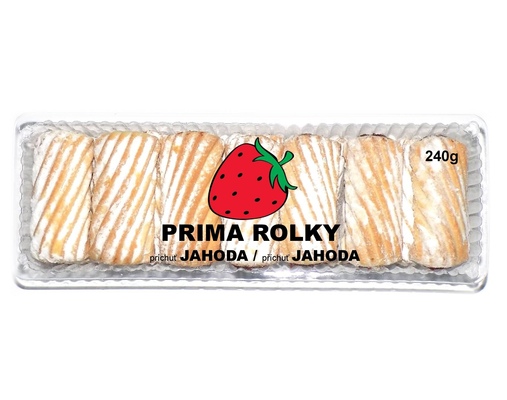 PRIMA ROLKY 240g trvanlivé čajové pečivo plnené s ovocnou náplňou s jahodovou príchuťou
