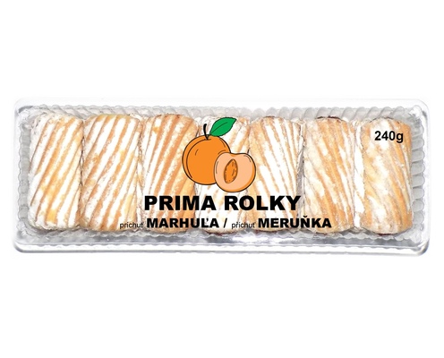 PRIMA ROLKY 240g trvanlivé čajové pečivo plnené s ovocnou náplňou s marhuľovou príchuťou