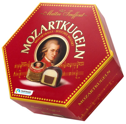 Mozartkugeln 300g, pralinky z marcipánu s pistáciovou príchuťou, marcipánu a lieskovo-orieškového nugátu, celomáčané v mliečnej a horkej čokoláde