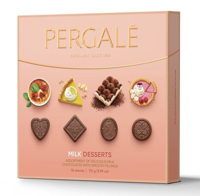PERGALE MILK DESSERTS 113g zmes praliniek z kakaovej pochúťky s náplňami s príchuťou rôznych dezertov