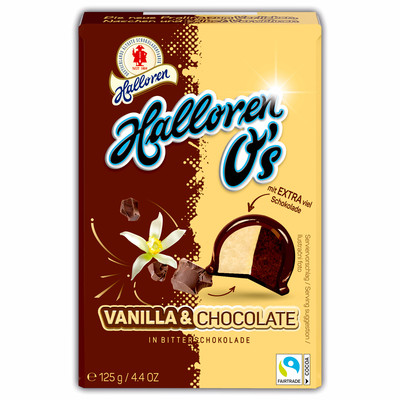 Halloren O's Vanilla & Chocolate 125g pralinky plnené kakaovým a vanilkovým krémom celomáčané v horkej čokoláde 
