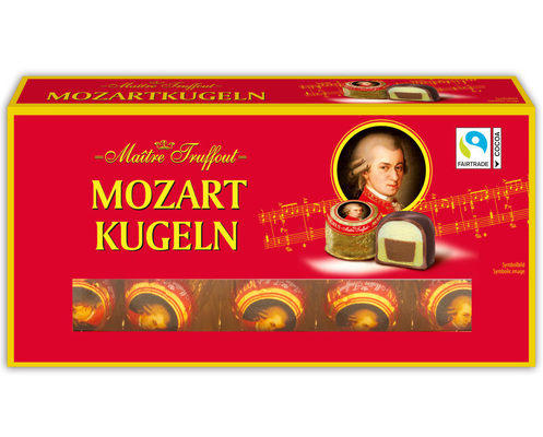 MOZARTKUGELN 200g, pralinky z marcipánu s pistáciovou príchuťou, marcipánu a lieskovo-orieškového nugátu, celomáčané v mliečnej a horkej čokoláde