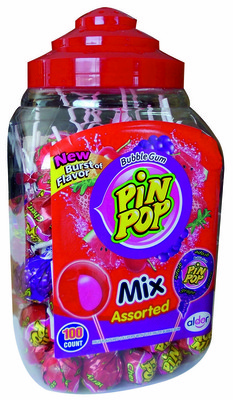 Pin pop assorted 18g, lízanky s ovocnou príchuťou a žuvačkou