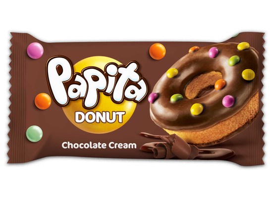 Papita donut 40g jemné pečivo s kakaovým krémom a kakaovou polevou zdobené farebným dražé