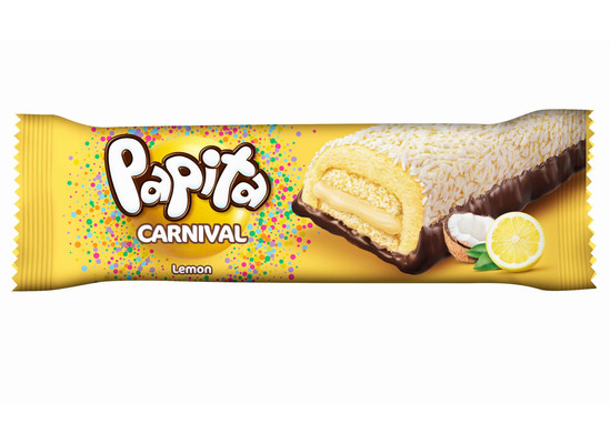 PAPITA CARNIVAL LEMON 36g jemné pečivo s krémom s citrónovou príchuťou obalené penovým želé, posypané strúhaným kokosom, polomáčané v kakaovej poleve