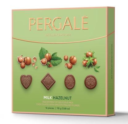 PERGALE MILK HAZELNUT 110g pralinky z kakaovej pochúťky s lieskovoorieškovou náplňou