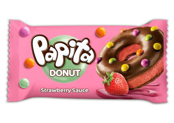 PAPITA DONUT 40g jemné pečivo s jahodovým krémom a kakaovou polevou zdobené farebným dražé 