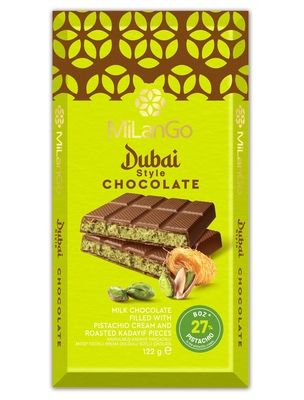 MILANGO  DUBAI 122g mliečna čokoláda plnená pistáciovým krémom s kúskami praženého kadayifu
