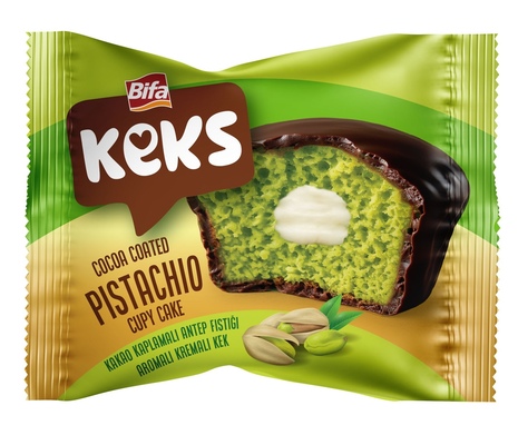 KEKS PISTACHIO CUPY CAKE 45g jemné pečivo s náplňou s pistáciovou príchuťou celomáčané v kakaovej poleve