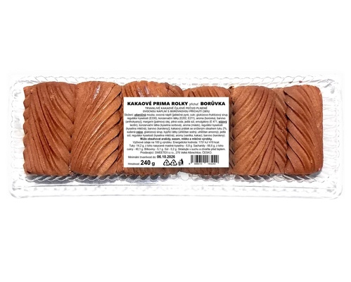 KAKAOVÉ PRIMA ROLKY 240g trvanlivé kakaové čajové pečivo plnené s ovocnou náplňou s čučoriedkovou príchuťou 
