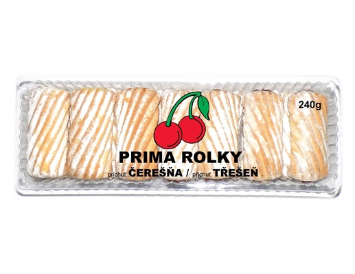 PRIMA ROLKY 240g trvanlivé čajové pečivo plnené s ovocnou náplňou s čerešňovou príchuťou