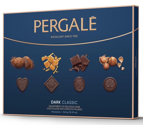 Pergale dark classic 343g, zmes praliniek z kakaovej pochúťky s náplňami s rôznymi príchuťami