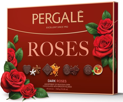 PERGALE DARK ROSES 348g, zmes praliniek z kakaovej pochúťky s náplňami s rôznymi príchuťami