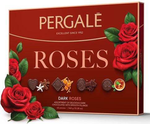 PERGALE DARK ROSES 348g, zmes praliniek z horkej čokolády s náplňami s rôznymi príchuťami